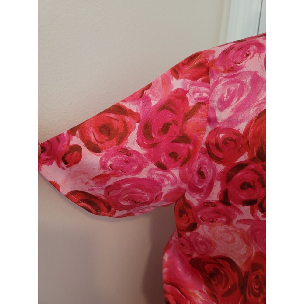 Pink Floral Rose Print Wrap Top & Flare Skirt Set Sz M Satin Lightweight Travel - Picture 8 of 13